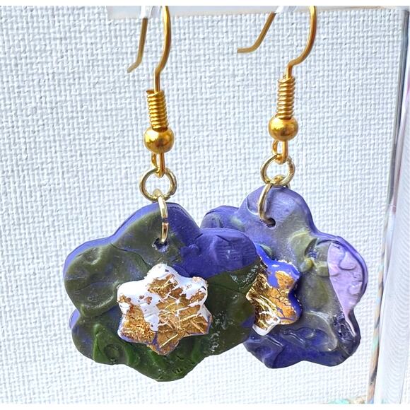 Artisan Star in Flower Purple & Green Clay Dangle Earrings 1.75" Long - Picture 1 of 2